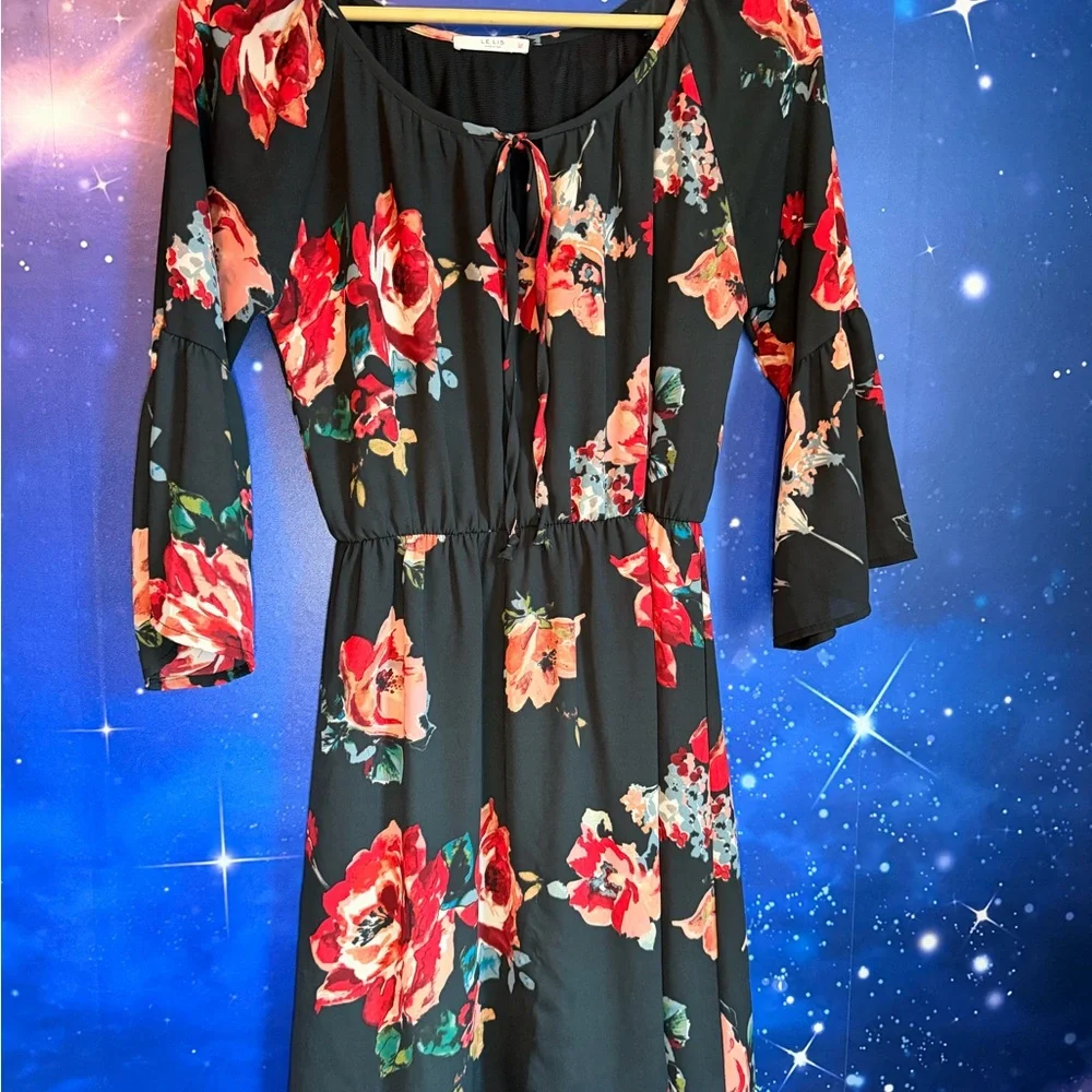 Le Lis Black Dress with Red Floral Design - Picture 1 of 4